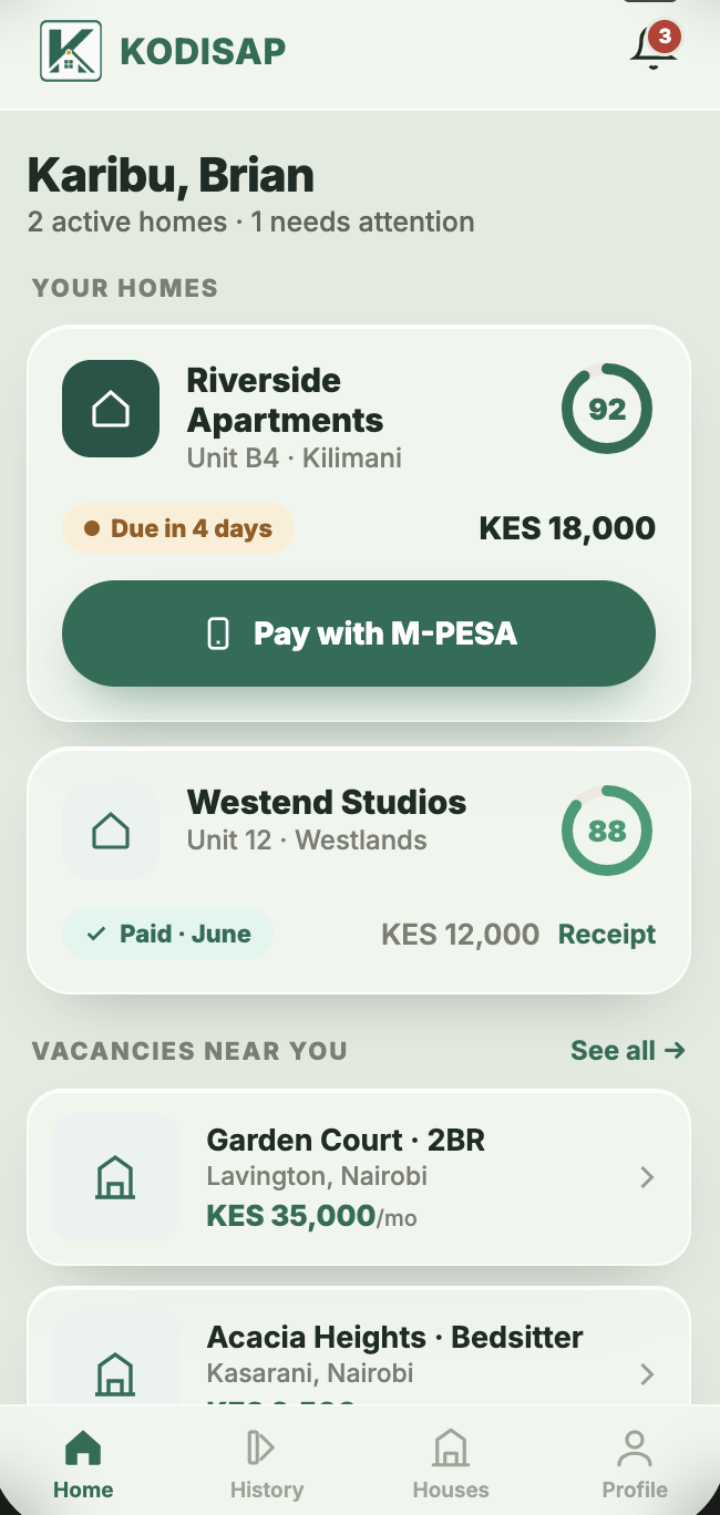KodiSap landlord home screen showing rent collected this month and a balance